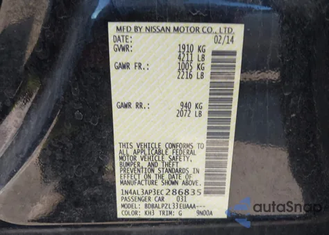 2014 Nissan Altima 2.5 z USA, uszkodzony, nr VIN 1N4AL3AP3EC286835